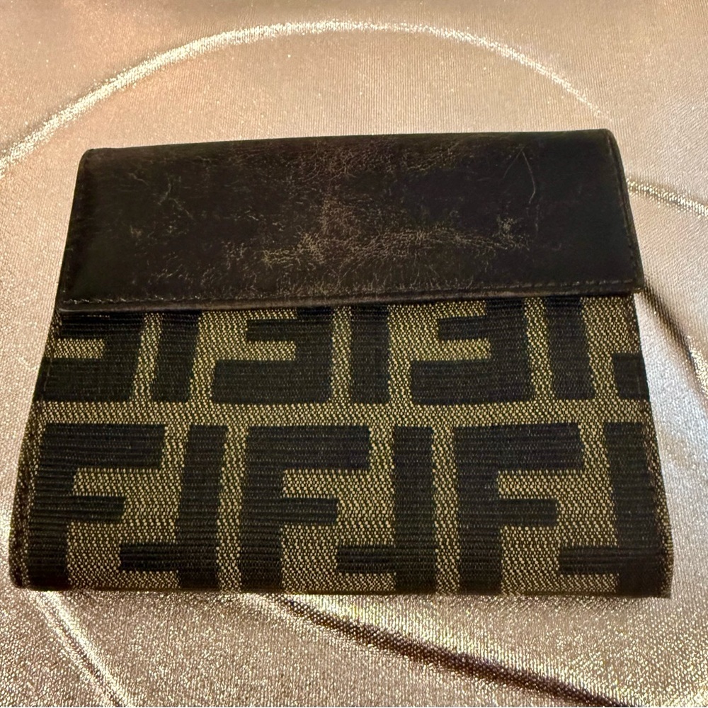 Vintage Fendi wallet. Brown leather with brown and tan monogram canvas.
